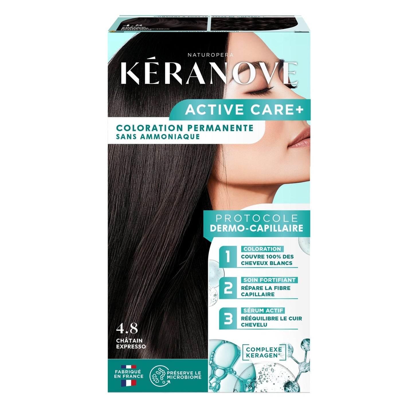 Coloration Permanente 4.8 Châtain Expresso Sans Ammoniaque Couvre 100% Cheveux Blancs Protocole Dermo-Capillaire Préserve Le Microbiome Active Care+ KERANOVE 