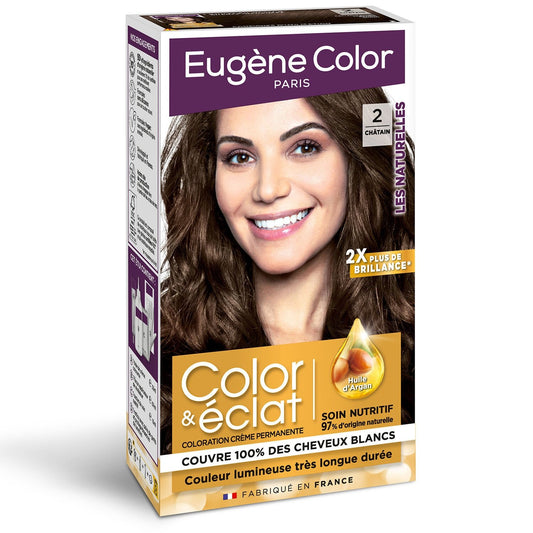 Coloration Permanente 2 Châtain Huile d'Argan Couvre 100% Cheveux Blancs Color & Éclat EUGENE COLOR la boite de 115 ml