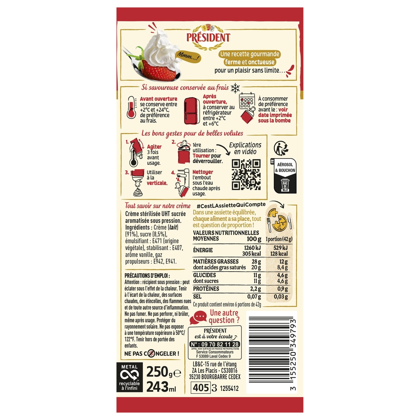 Crème Fouettée Ferme et Onctueuse Entière PRESIDENT 