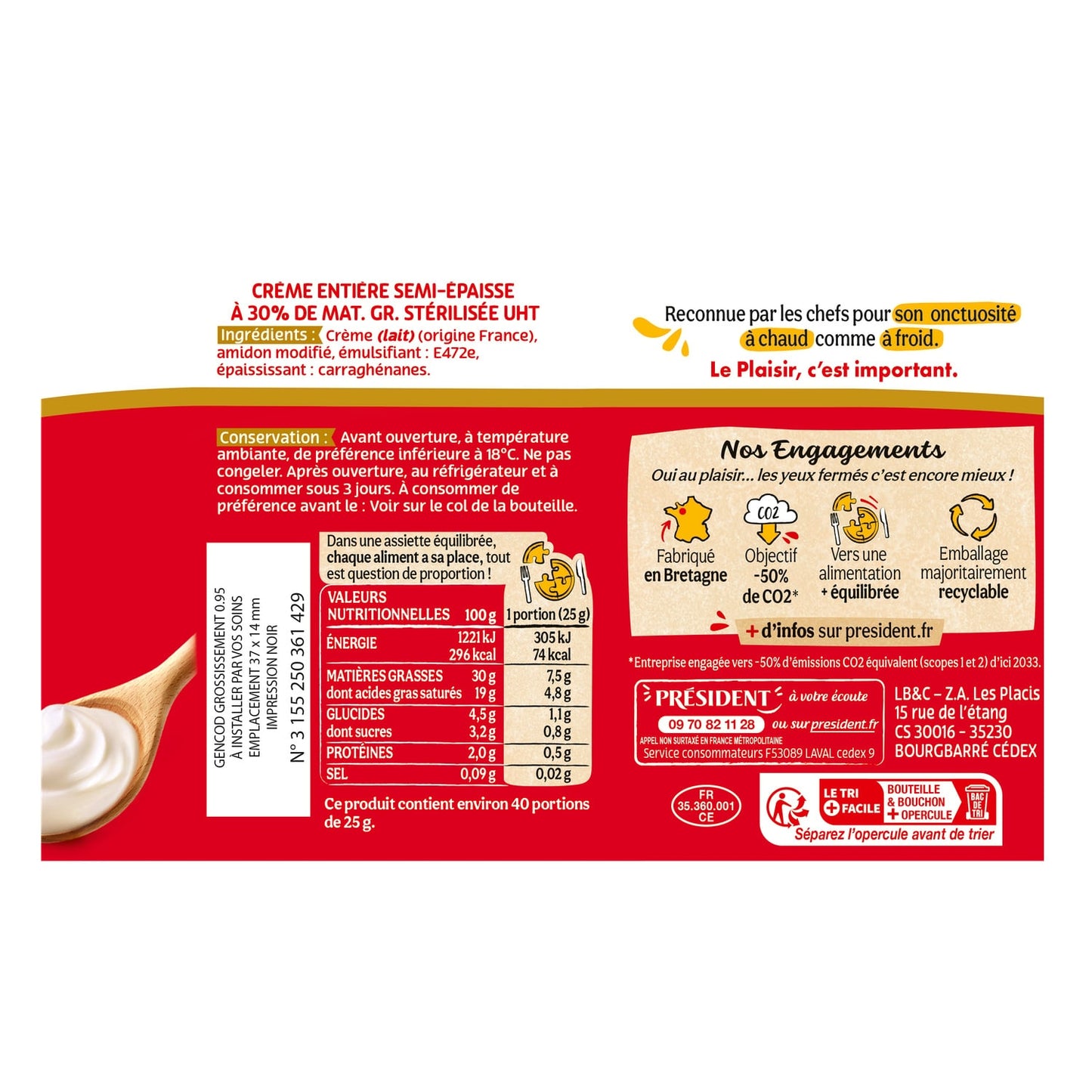 Crème UHT semi-épaisse entière 30% MG PRESIDENT 