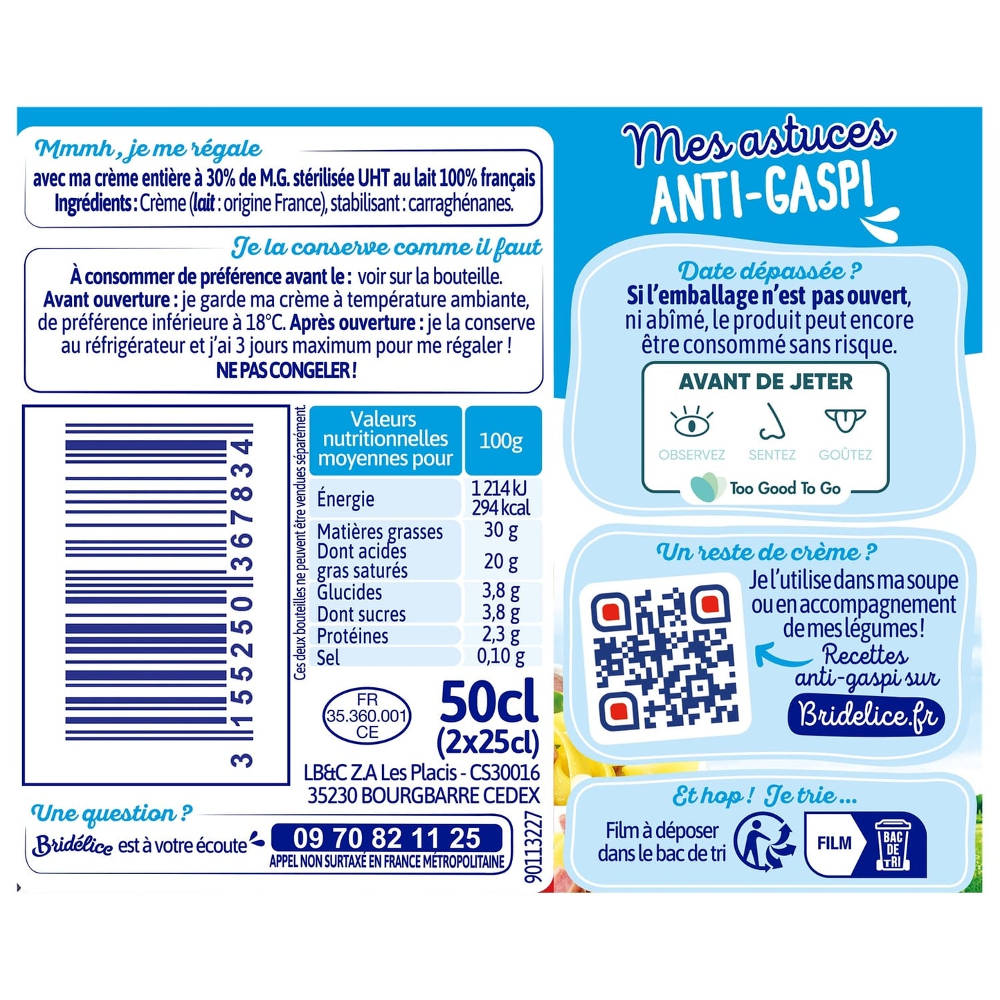 Crème UHT fluide entière 30% MG BRIDELICE 