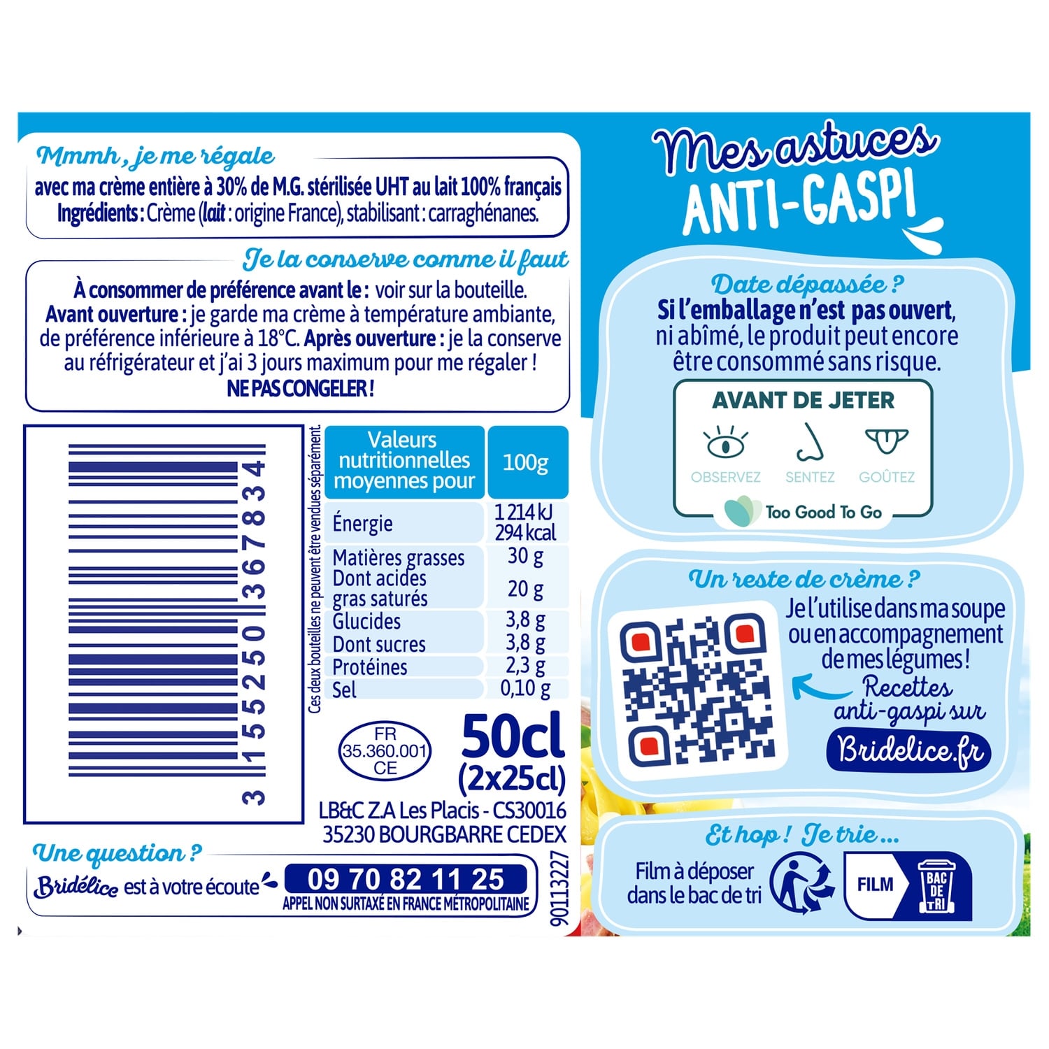 Crème UHT fluide entière 30% MG BRIDELICE 