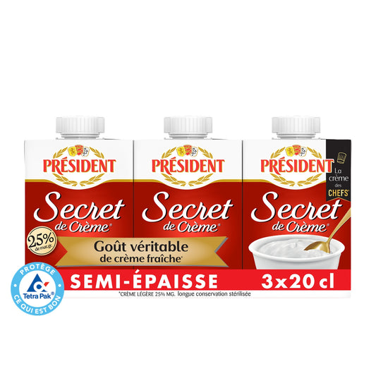 Crème UHT semi-épaisse Secret de Crème 25% MG PRESIDENT 