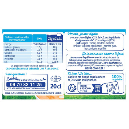 Crème UHT fluide légère 12% MG BRIDELICE 