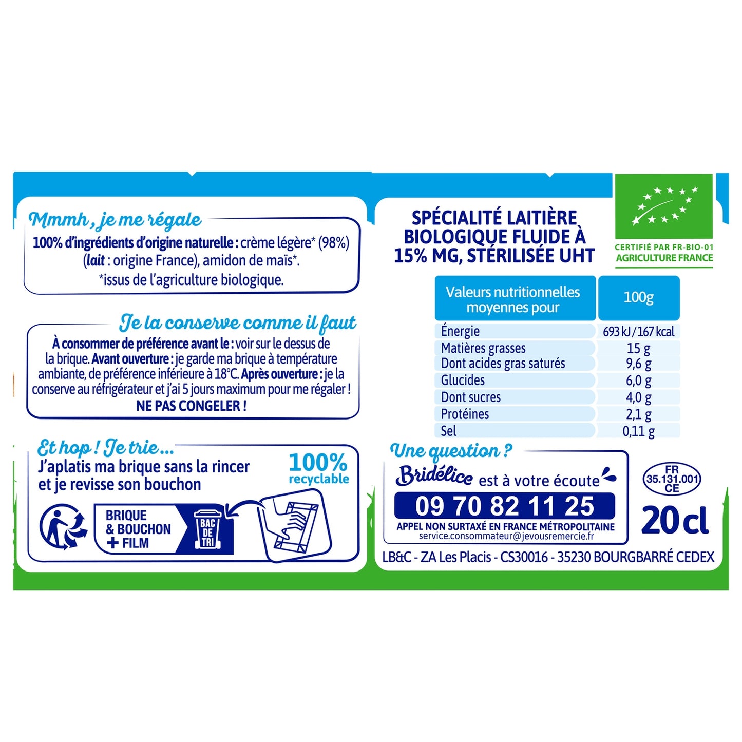 Crème Fluide Bio Légère 15% Mat.Gr. BRIDELICE 