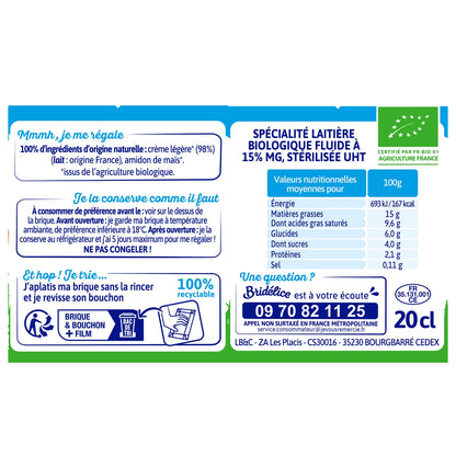 Crème Fluide Bio Légère 15% Mat.Gr. BRIDELICE 