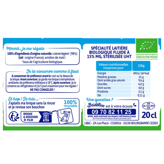 Crème Fluide Bio Légère 15% Mat.Gr. BRIDELICE 