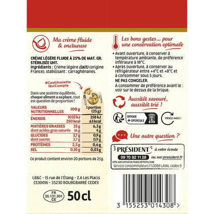 PRESIDENT Leichte, flüssige und geschmeidige Creme mit 25 % Mg, UHT-sterilisiert