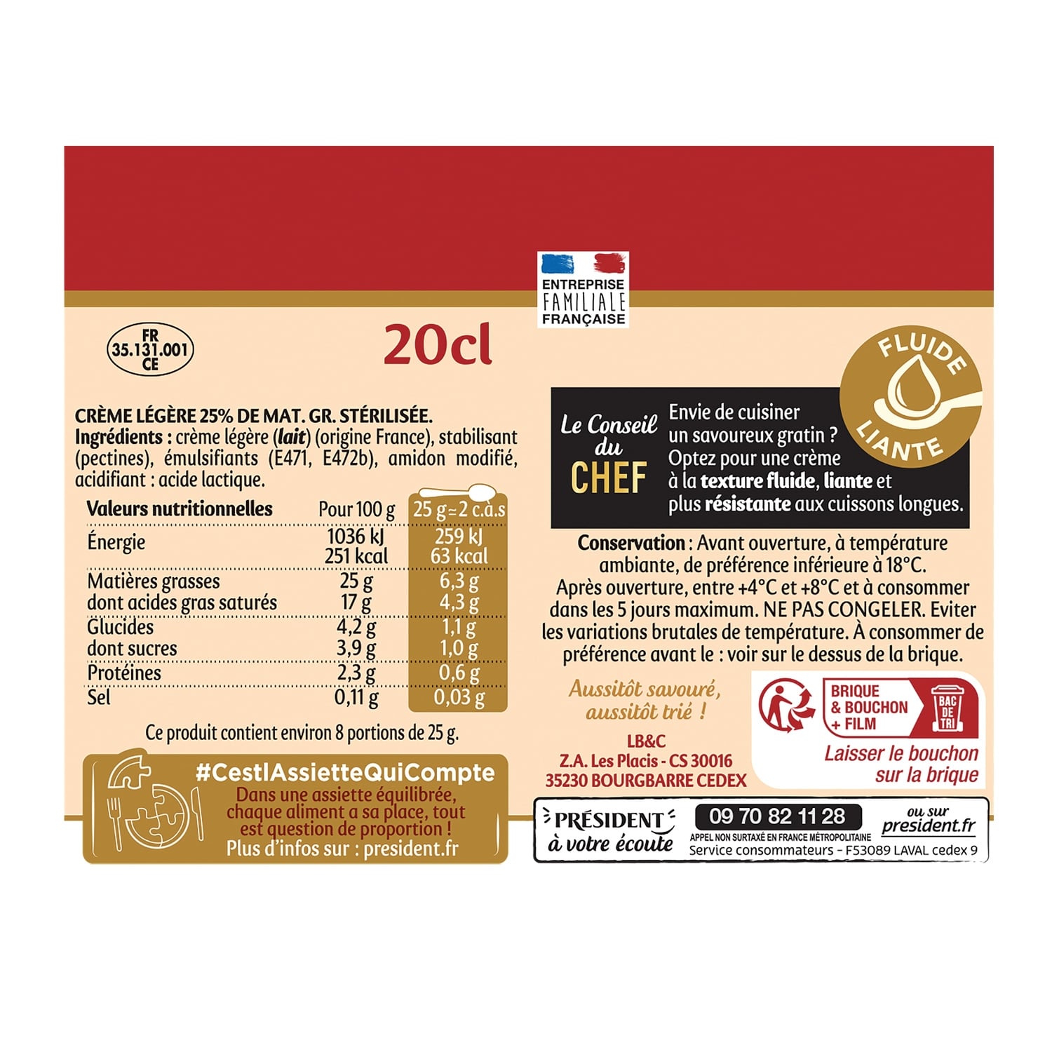 Crème UHT fluide Secret de Crème 25% MG PRESIDENT 