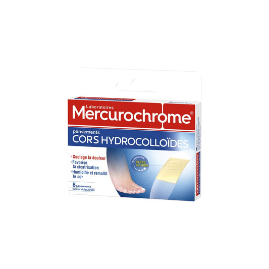 Pansements Hydrocolloïde Cors Soulage la Pression et les Frottements Seconde Peau MERCUROCHROME la boîte de 8 pansements