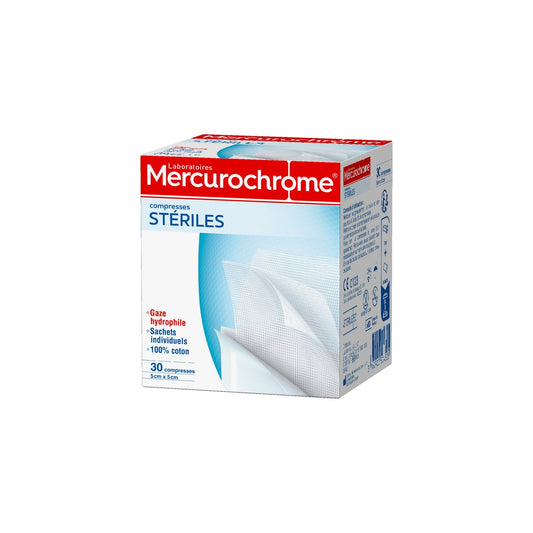 Compresses Stériles Gaz Hydrophile 100% Coton 5x5 Cm MERCUROCHROME la boite de 30 compresses