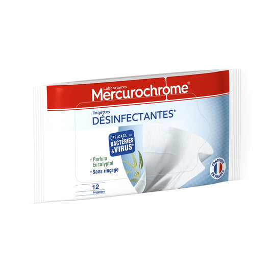 Lingettes Désinfectantes Eucalyptus Elimine Bactéries Champignons Virus Sans Rinçage MERCUROCHROME le sachet de 12 lingettes