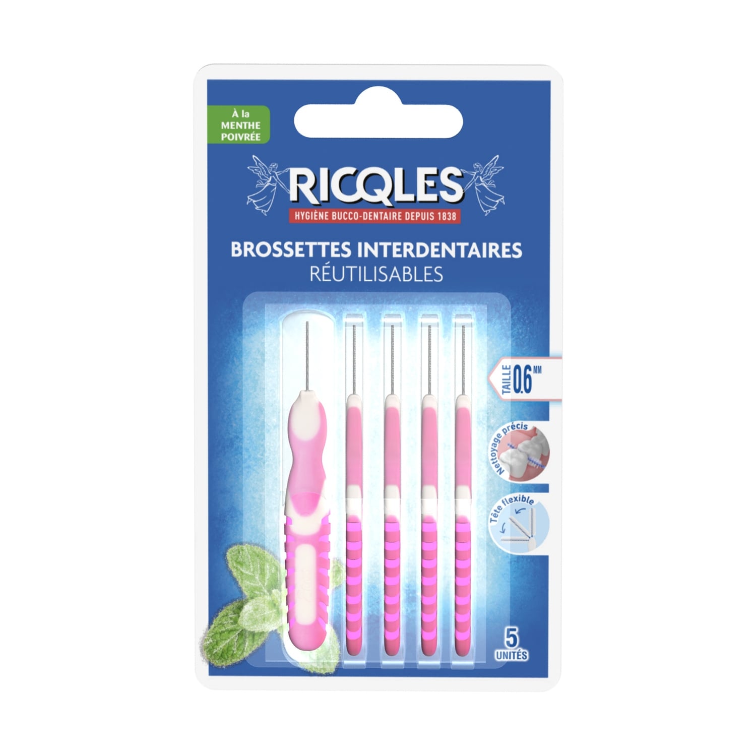 Brossettes Interdentaires Réutilisables Tête Flexible Nettoyage Précis Taille 0.6 mm RICQLES 