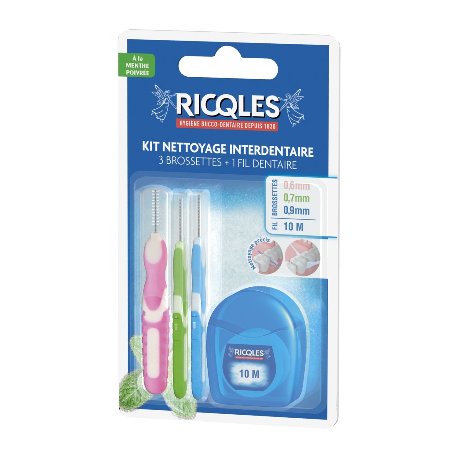 Kit nettoyage Interdentaire 3 Brossettes (0.6mm, 0.7mm, 0.9mm) 1 Fil Dentaire 10m à la Menthe Poivrée RICQLES 