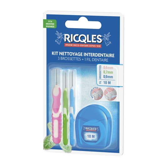 Kit nettoyage Interdentaire 3 Brossettes (0.6mm, 0.7mm, 0.9mm) 1 Fil Dentaire 10m à la Menthe Poivrée RICQLES 