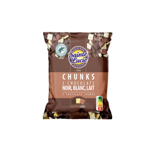 Pépites de Chocolats Chunks aux 3 Chocolats Noir Blanc et Lait SAINT LUCIE le sachet de 100g