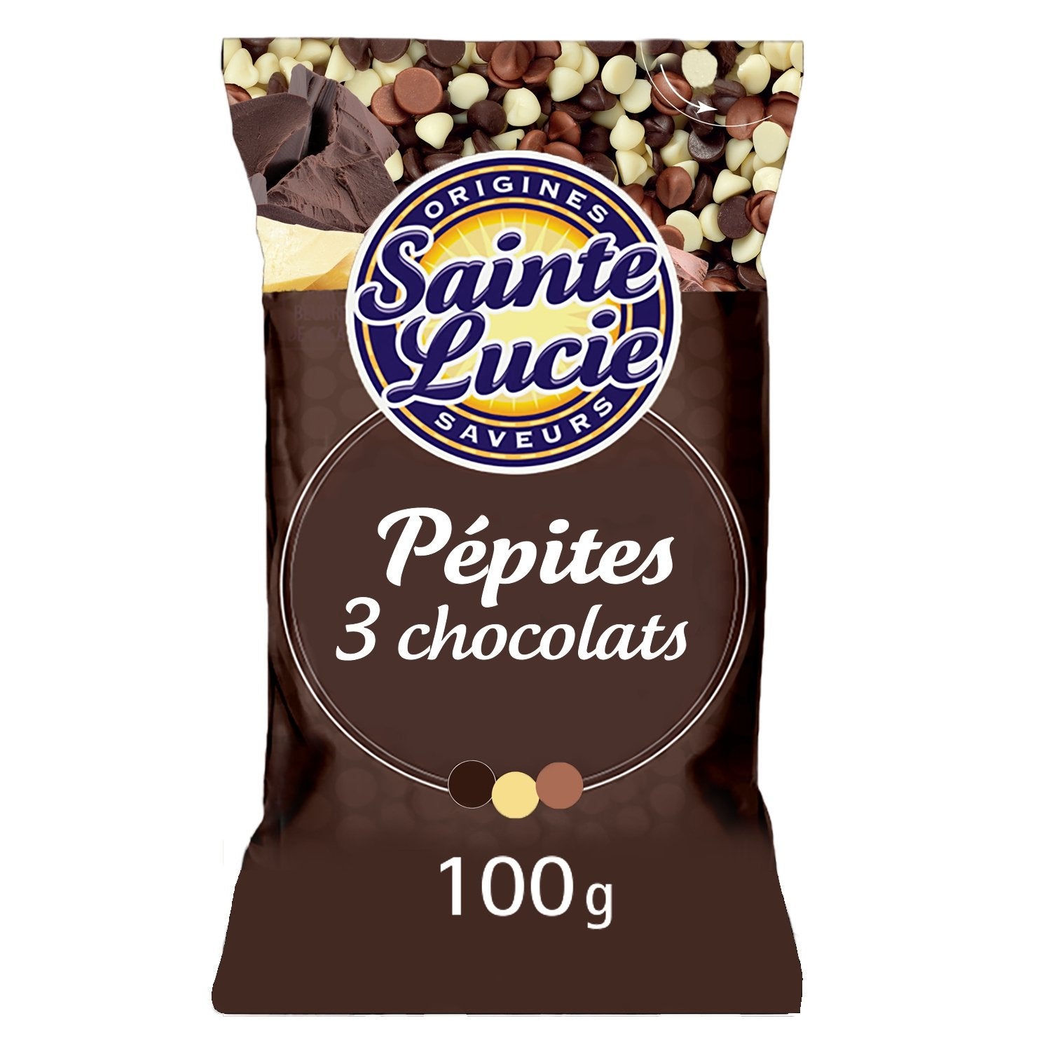Pepites 3 Chocolats Noir, Blanc, Lait SAINTE LUCIE le paquet de 100g