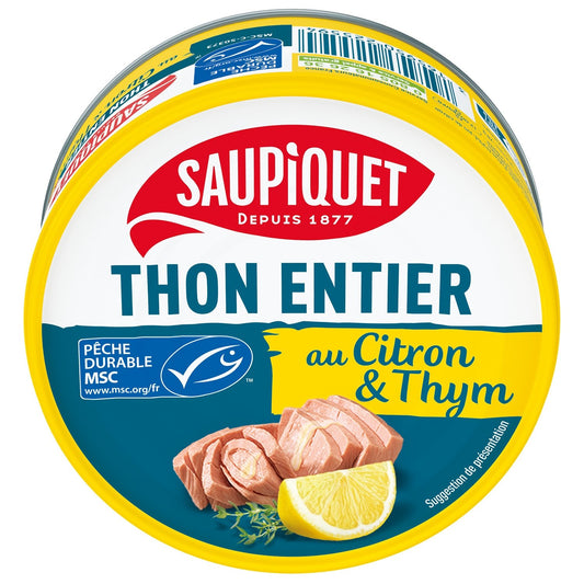 Thon Entier à l'Huile d'Olive Citron et Thym SAUPIQUET la boite de 120g