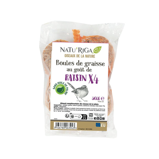 Boules de Graisse pour Oiseaux de la Nature Sans Huile de Palme Raisin NATU'RIGA le paquet de 360g