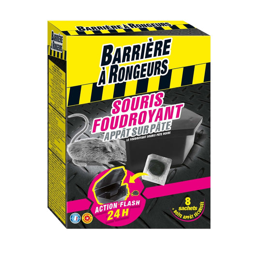 Anti Souris Foudroyant  Appât sur Pâte 80 G avec Boîte Appât Intégrée BARRIERE A RONGEURS les 8 sachets de 10 g et la boite d'appâtage sécurisée