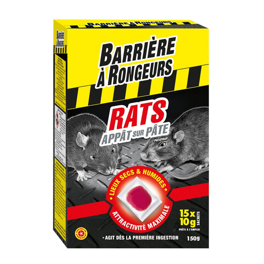 Anti Rats Appât sur Pâte  Prêt à l'Emploi BARRIERE A RONGEURS les 15 sachets de 10 g