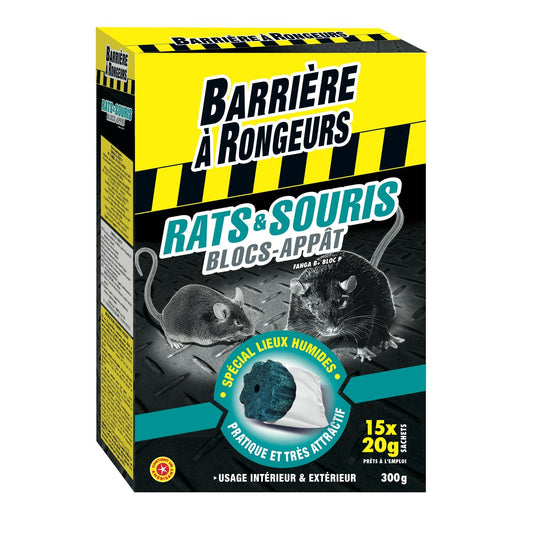 Anti Rats et Souris Blocs-Appât Spécial Lieux Humides BARRIERE A RONGEURS les 15 blocs emballés de 20 g