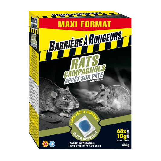 Anti Rats et Souris Appât sur Pâte Maxi Format BARRIERE A RONGEURS les 68 sachets de 10 g
