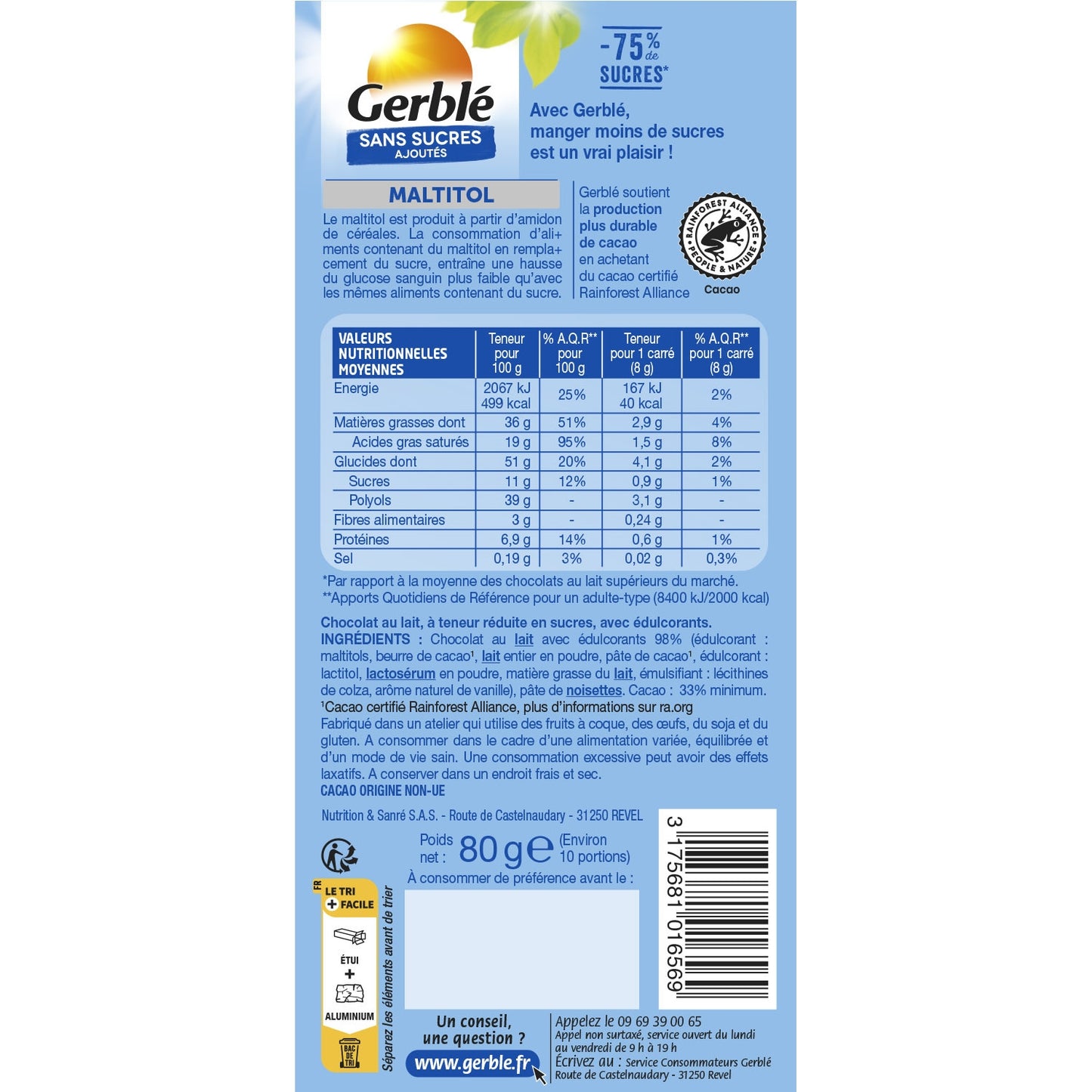 GERBLE Milk Chocolate No Added Sugars