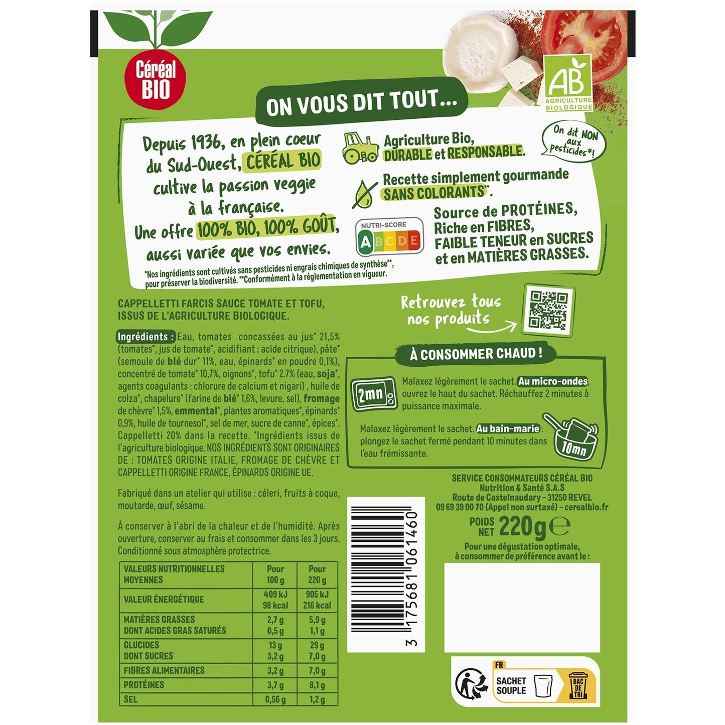 Cappalletti Tofu, Épinards, Chèvre Bio CEREAL BIO