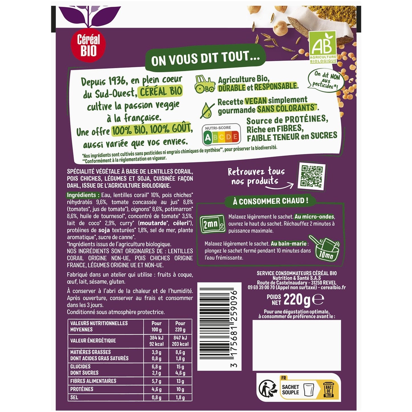 Dahl Lentilles Corail et Pois Chiches Bio CEREAL BIO