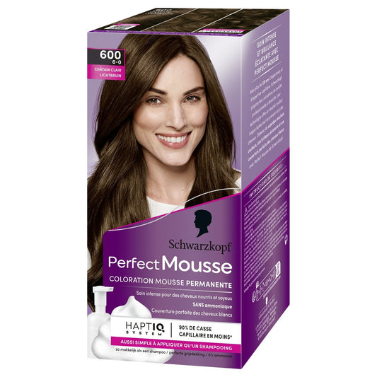 Coloration Permanente 600 Châtain Clair Sans Amoniaque Perfect Mousse SCHWARZKOPF la boite de coloration