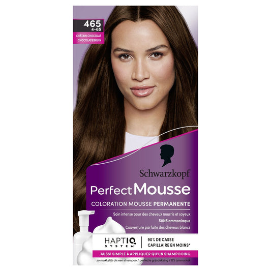 Coloration Permanente 465 Châtain Chocolat Sans Amoniaque Mousse Perfect Mousse SCHWARZKOPF la boite de coloration