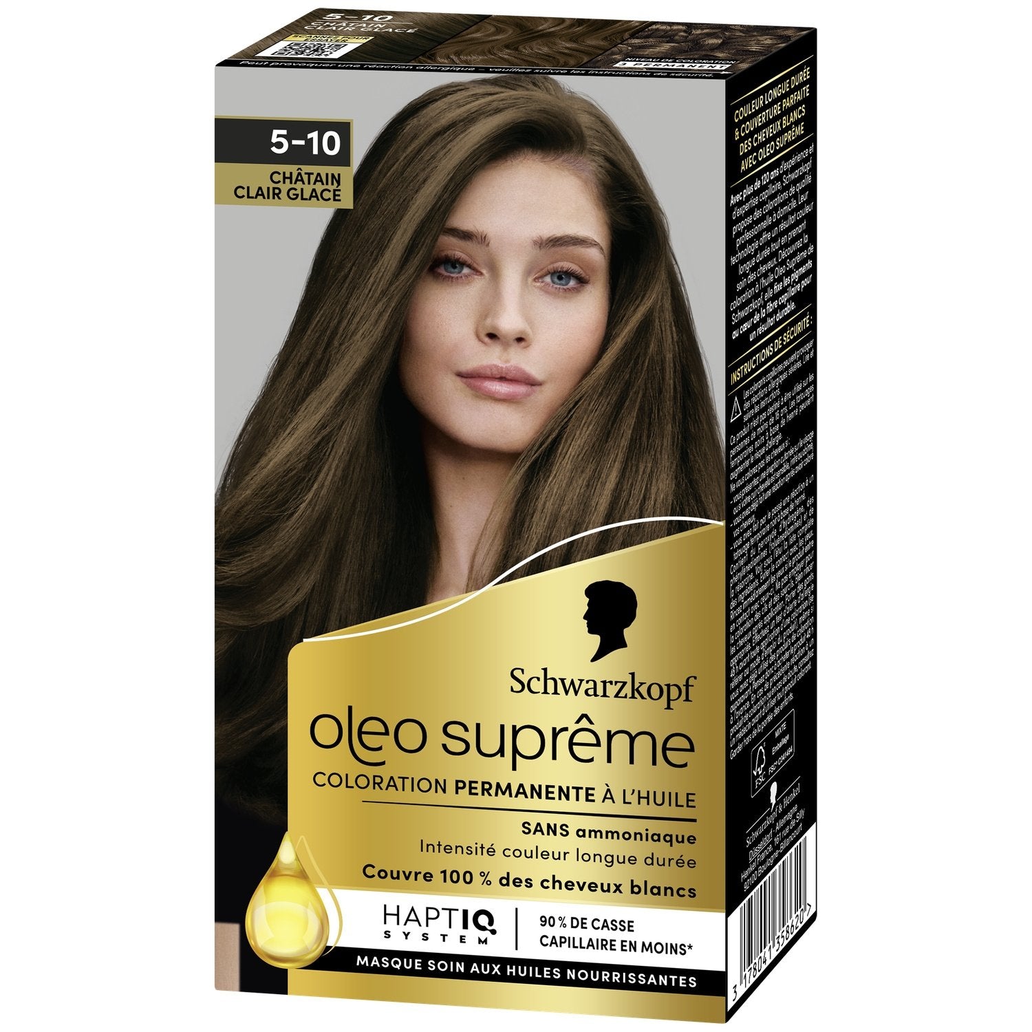 Coloration Permanente 5-10 Châtain Clair Glacé Sans Ammoniaque Couvre 100% Cheveux Blancs Oleo Supreme SCHWARZKOPF la boite de coloration