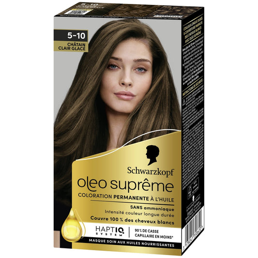 Coloration Permanente 5-10 Châtain Clair Glacé Sans Ammoniaque Couvre 100% Cheveux Blancs Oleo Supreme SCHWARZKOPF la boite de coloration