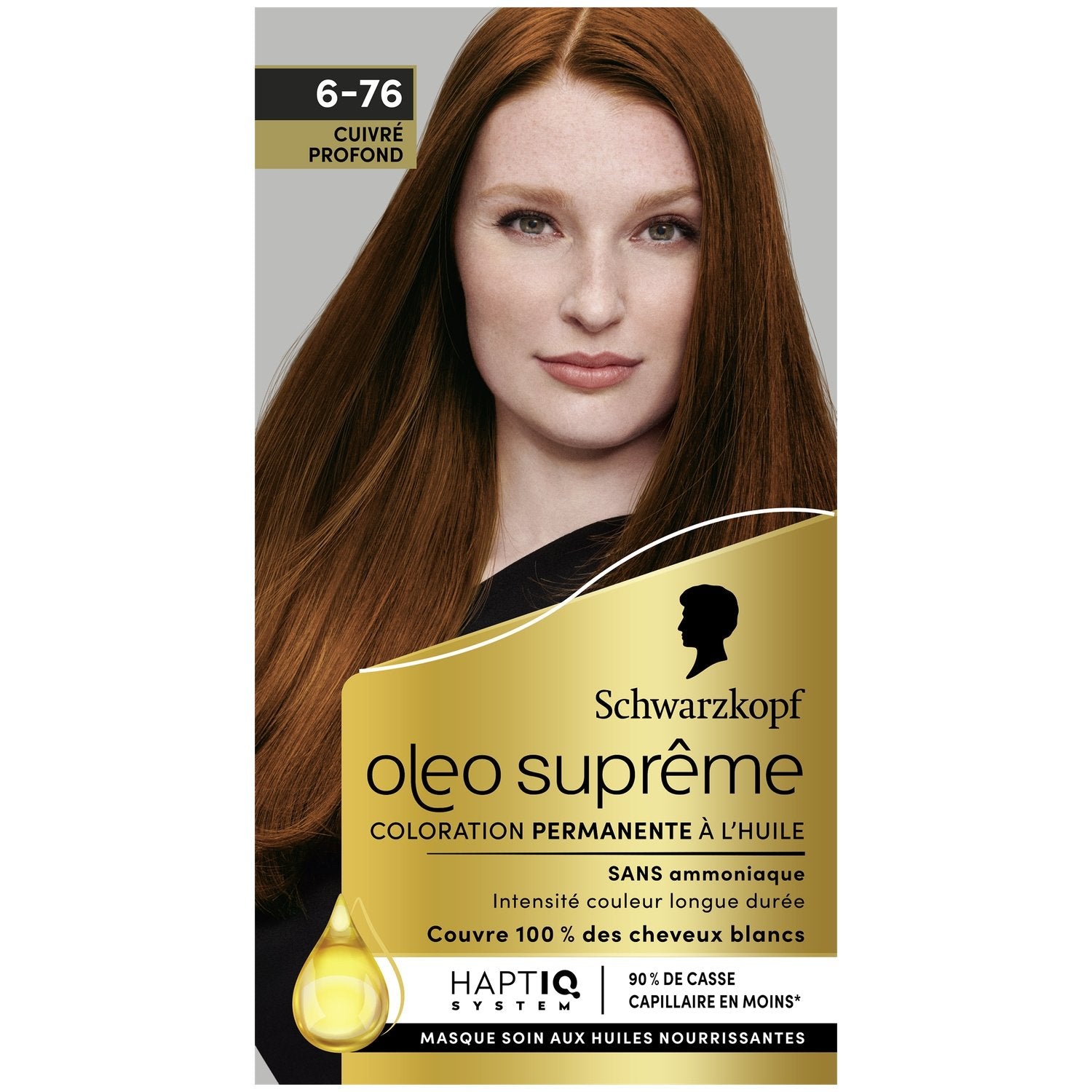 Coloration Permanente 6-76 Cuivré Profond Sans Ammoniaque Longue Durée Couvre 100% Cheveux Blancs Oleo Supreme SCHWARZKOPF la boite de coloration