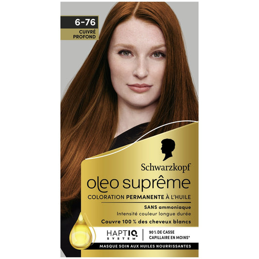 Coloration Permanente 6-76 Cuivré Profond Sans Ammoniaque Longue Durée Couvre 100% Cheveux Blancs Oleo Supreme SCHWARZKOPF la boite de coloration