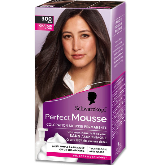 Coloration Permanente 300 Châtain Noir Sans Ammoniaque Perfect Mousse SCHWARZKOPF la boite de coloration