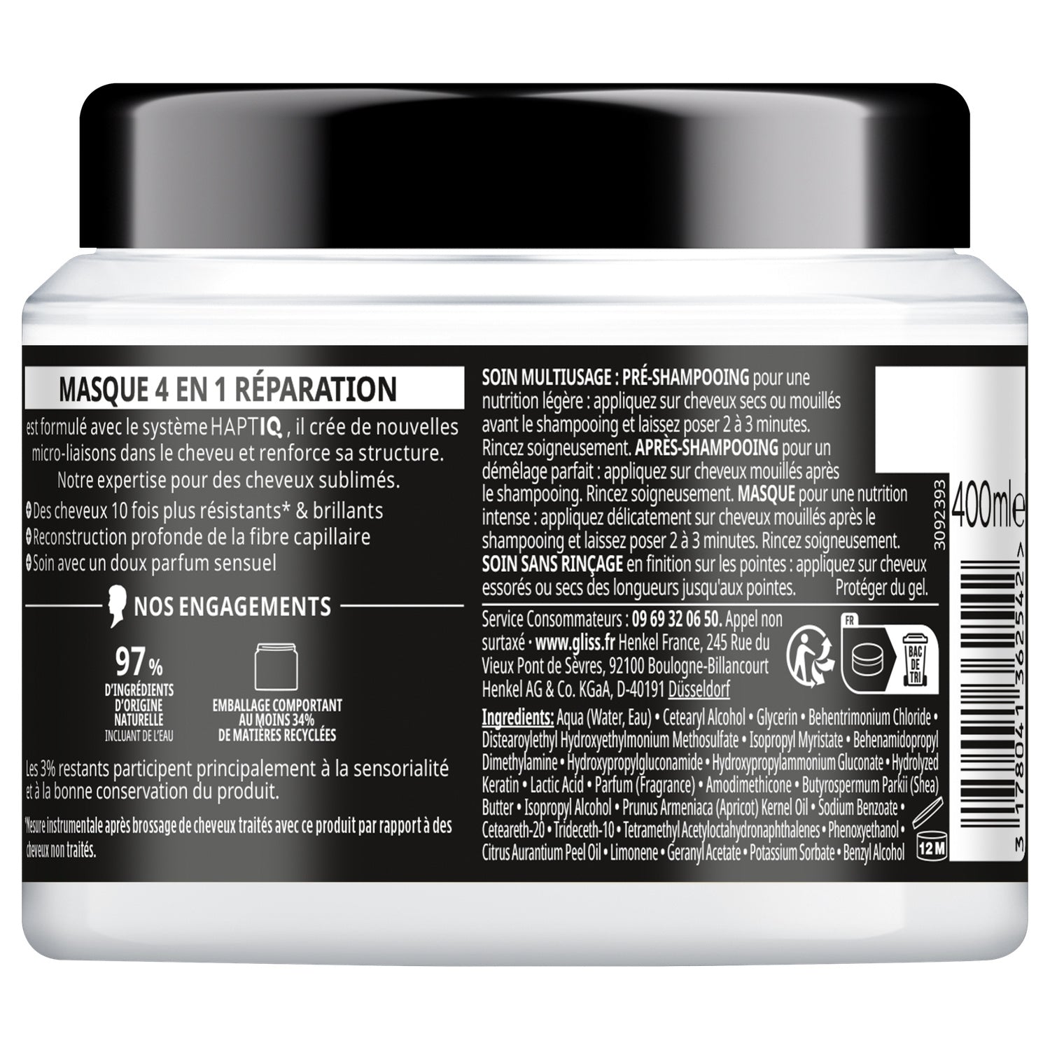 Soin cheveux Intense Masque 4en1 Réparation pour Cheveux Secs et Abîmés Gliss GLISS 