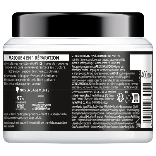 Soin cheveux Intense Masque 4en1 Réparation pour Cheveux Secs et Abîmés Gliss GLISS 