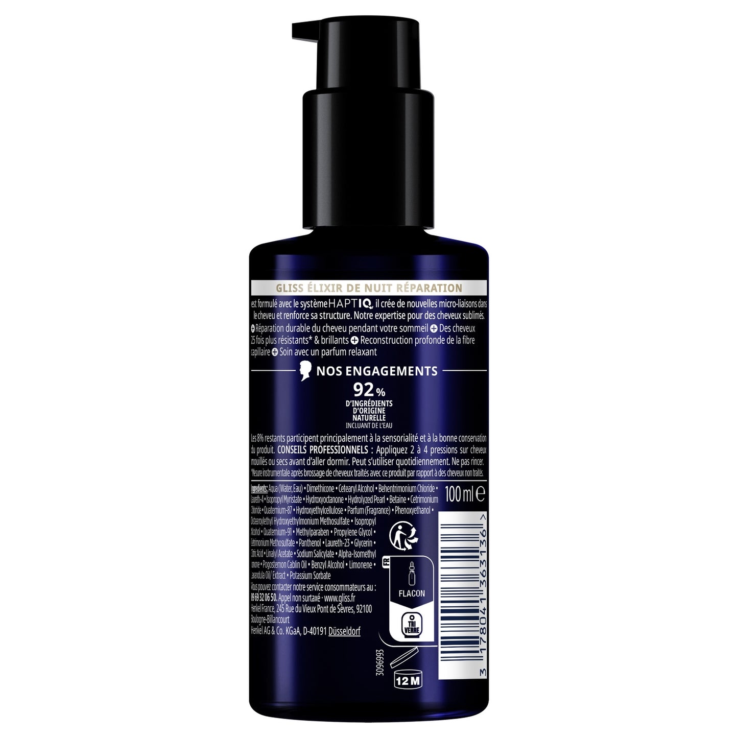 Soin cheveux Elixir de Nuit Répare Durablement Cheveux Secs Abîmés Gliss GLISS 