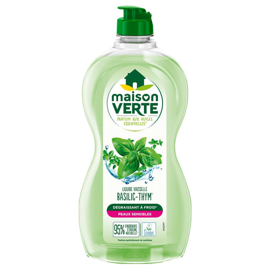 Liquide Vaisselle Basilic Thym Hypoallergénique Dégraissant à Froid Peaux Sensibles MAISON VERTE le flacon de 500mL