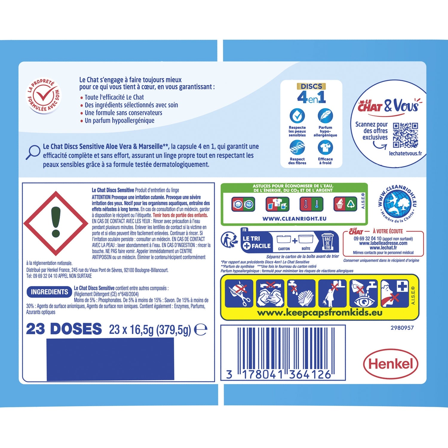 Lessive capsules Peaux sensibles Aloe vera et Savon de Marseille LE CHAT 