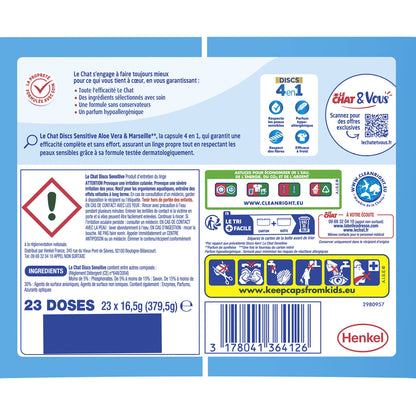 Lessive capsules Peaux sensibles Aloe vera et Savon de Marseille LE CHAT 