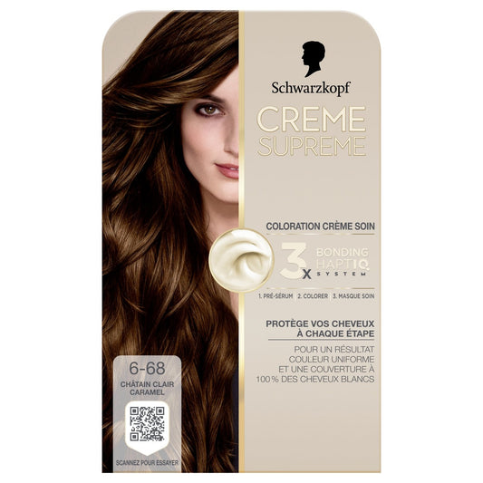 Coloration Permanente 6-68 Châtain Clair Caramel Soin Couvre 100% Cheveux Blancs Crème Supreme SCHWARZKOPF la boite de coloration