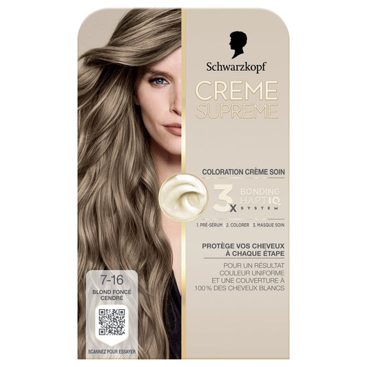 Coloration Permanente 7-16 Blond Foncé Cendré Crème Supreme SCHWARZKOPF la boite de coloration