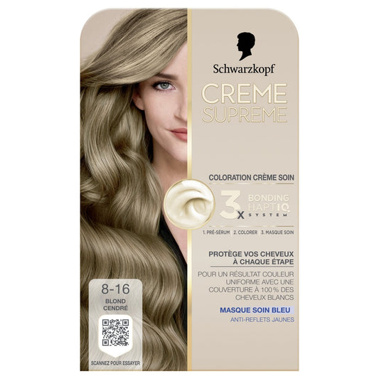 Coloration Permanente 8-16 Blond Cendré Soin Cheveux Blancs Crème Supreme SCHWARZKOPF la boite de coloration