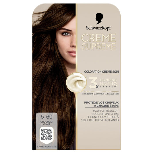 Coloration Permanente 5-60 Chocolat Claire Crème Soin Haptiq Couvre 100% Cheveux Blancs Crème Supreme SCHWARZKOPF la boite de coloration