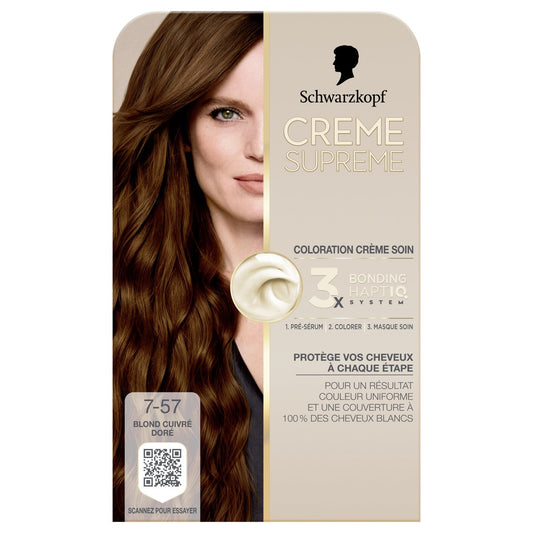 Coloration 7-57 Blond Cuivré Doré Couvre 100% Cheveux Blancs Crème Supreme SCHWARZKOPF la boite de coloration
