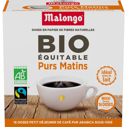 Café Dosettes 100% Arabica Pur Matin Compatible Malongo Bio MALONGO la boite de 16 dosettes