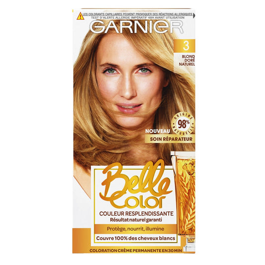 Coloration Permanente 3 Blond Doré Naturel Couvre 100% Cheveux Blancs Belle Color GARNIER la boîte